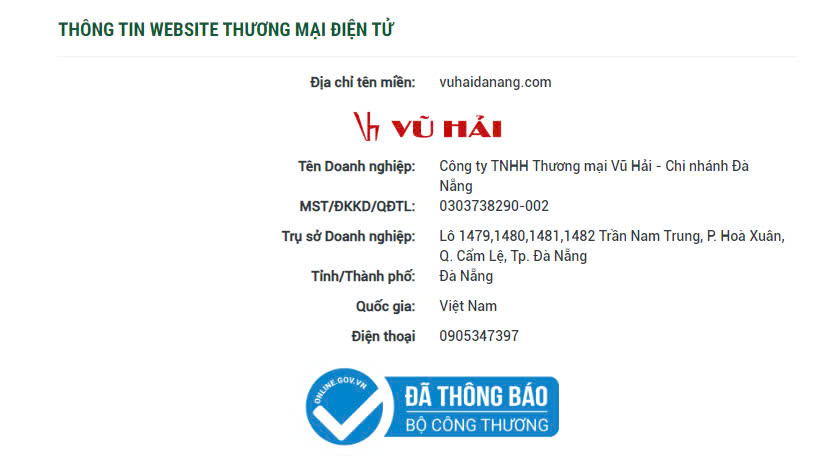 Xác nhận đã Đăng ký BCT cho website bán hàng