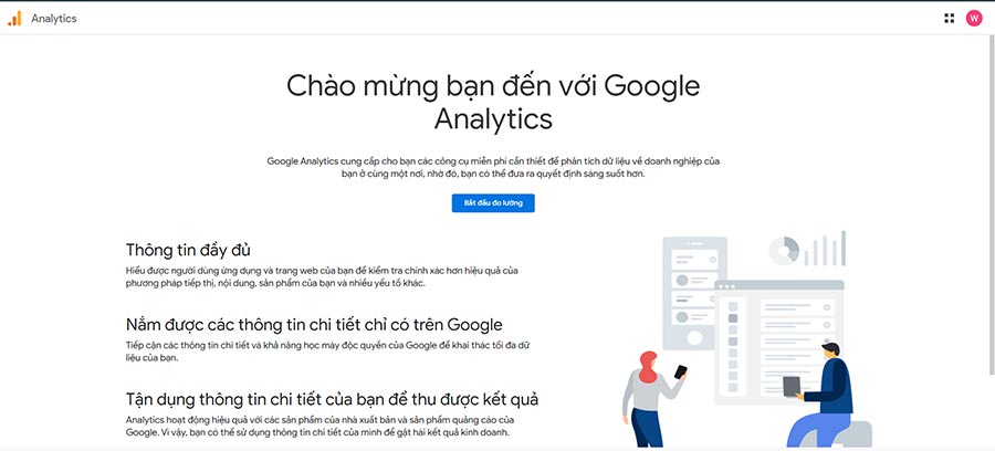 Bài 5: Google Analytics: Hướng Dẫn Cài Đặt và Sử Dụng Từ A – Z Mới Nhất 2025 8 Màn hình chào mừng và nút "Bắt đầu đo lường" của Google Analytics