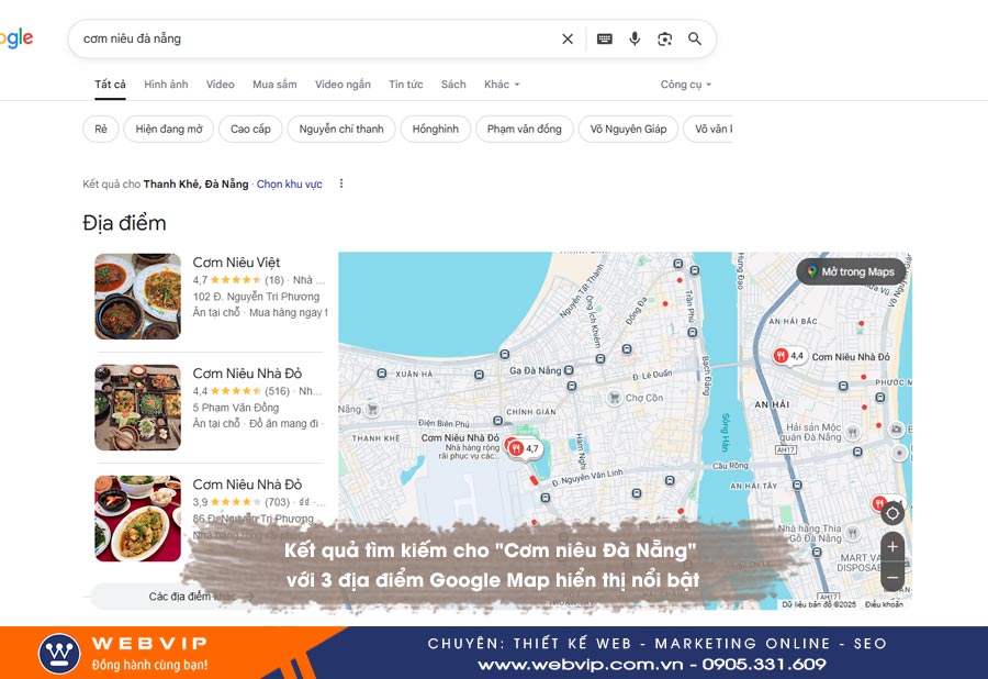 Ảnh minh họa: Kết quả tìm kiếm cho "Cơm niêu Đà Nẵng" với hộp 3 địa điểm Google Map hiển thị nổi bật ở trên cùng