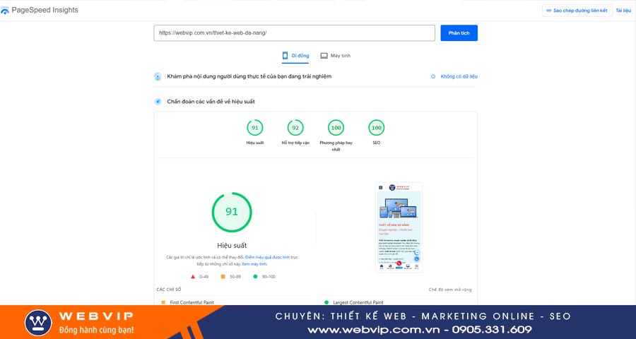 Google PageSpeed Insights Cung cấp điểm số cho cả di động và máy tính, kèm theo các gợi ý cải thiện chi tiết