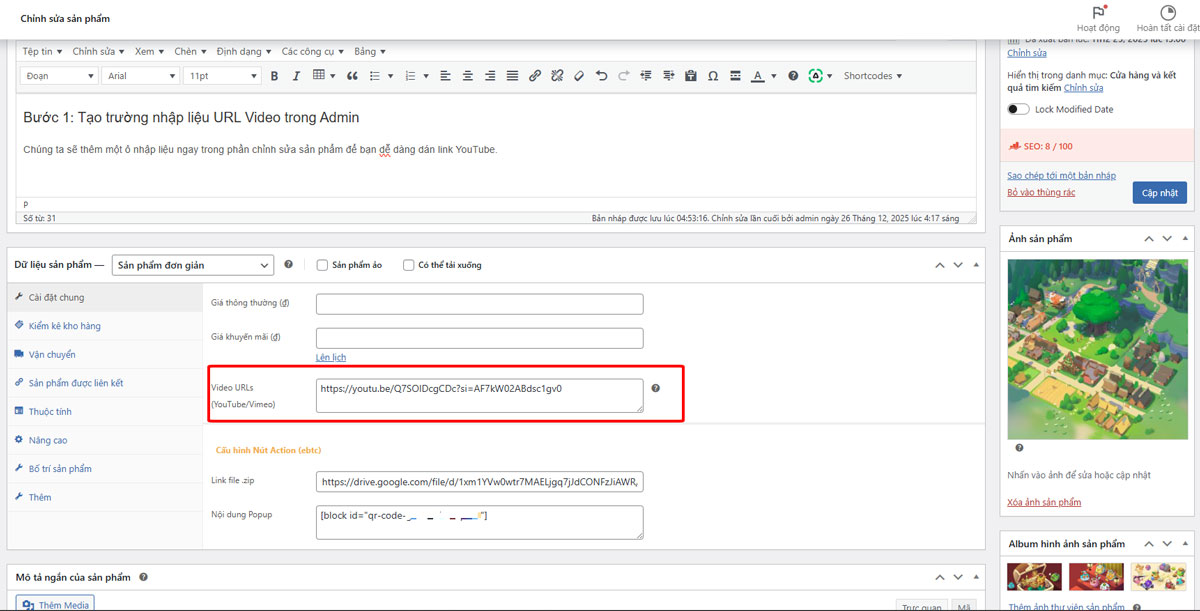 Hướng Dẫn Thêm Video Vào Gallery Sản Phẩm WooCommerce Flatsome Đẹp Như Shoppe 5 Tạo trường nhập liệu URL Video trong Admin